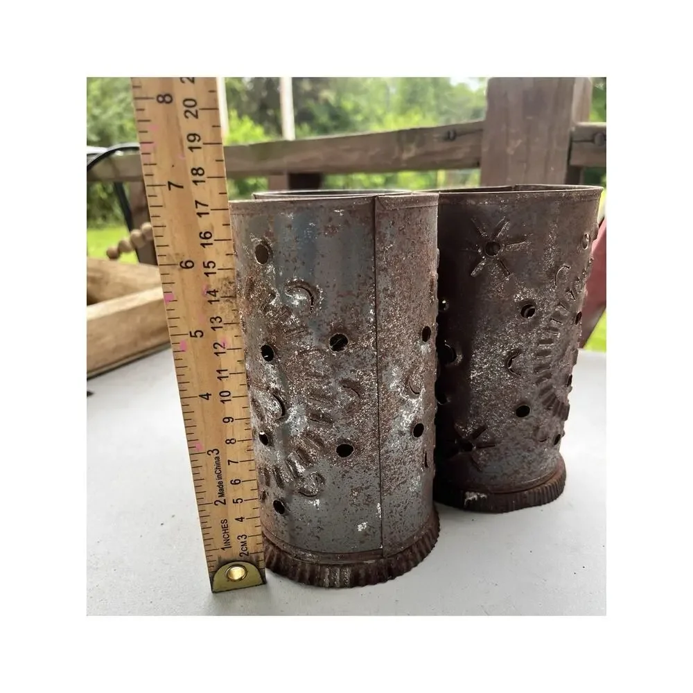 3 Vintage Hammered Tin Outdoor Candle Holder Mexican 1970s 3 pc rusty Folk Art